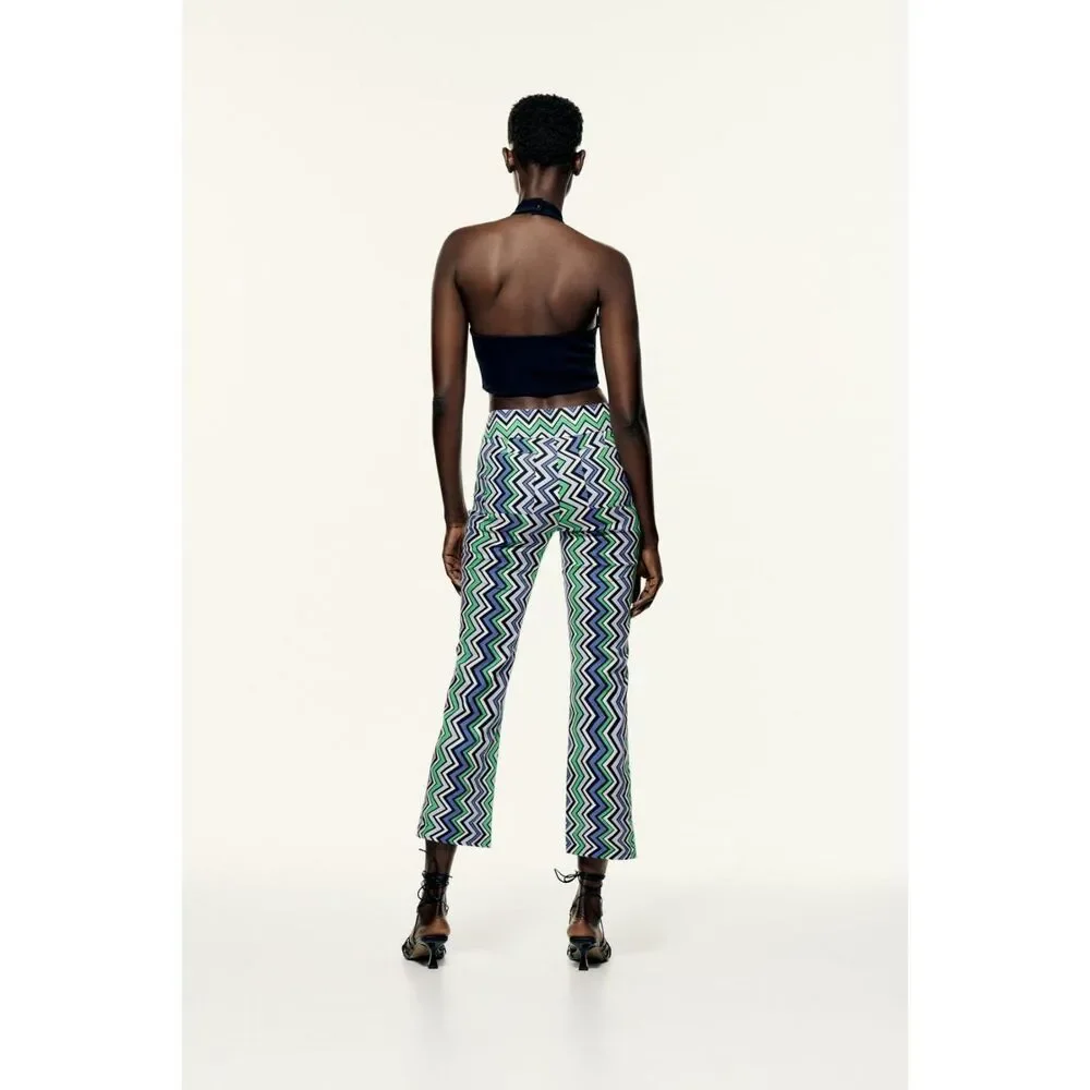 Zara Multicolor Chevron Printed Linen-Blend Cropped Straight Leg Pants (NWT)